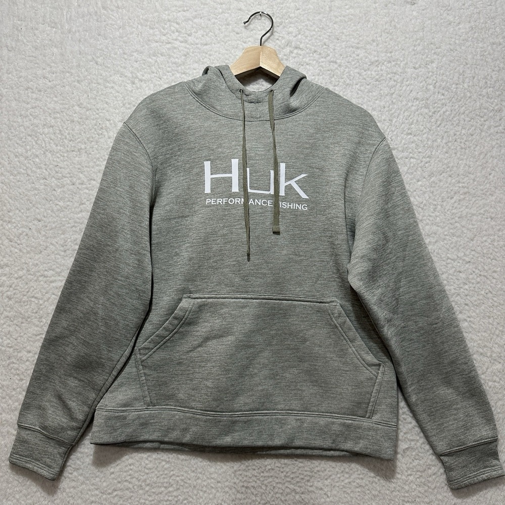HUK Hoodie Heather Gray Sweatshirt Pullover Fleece Performance Fish Stretch Sz M